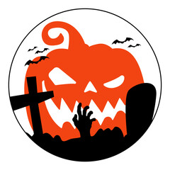 Leinwandbilder - Halloween sticker. Big pumkin and zombie hand in rounded sticker.