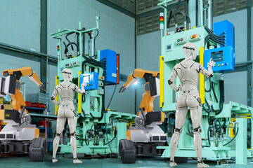 Poster - 3d humanoid robot working automated in factory futuristic modern tech, computer aided manufacturing.