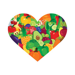 Wall Mural - Heart shape of fruits and vegetables icon vector. Healthy lifestyle symbol vector. Heart shape by various vegetables and fruits icon isolated on a white background