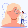 A dermatologist examines a patient. No face Dermatologist looks through a magnifying glass. Acne, rash. Problem skin. Vector illustration