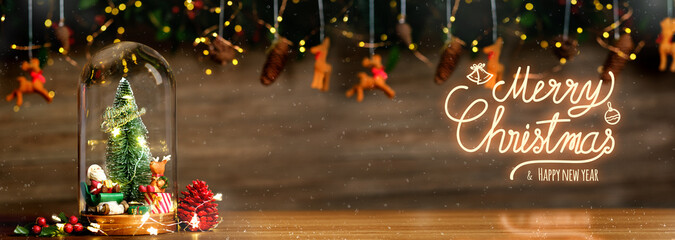 Poster - Merry Christmas and Happy new year xmas tree and santa claus in glass dome decor with bauble reindeer,pine cone tinsel at wood background