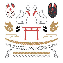 稲荷神社のおいなりさんの狐、狐面、狐火、標縄、紙垂のセット