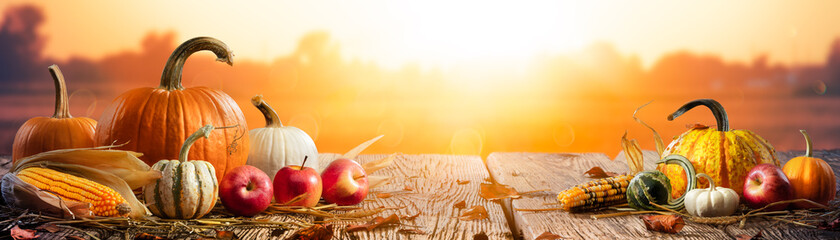 Wall Mural - pumpkins apples and corncobs on wooden harvest table with sunset background - thanksgiving and harve