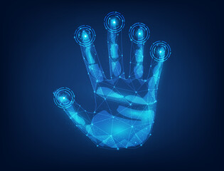 electronic hand scan technology on blue dark background. handprint cyber security. fingerprints iden