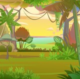 Fototapeta Dinusie - Rainforest leaves. Morning sunrise dawn or evening sunset. Dense thickets. View from jungle forest. Southern Rural Scenery. Illustration in cartoon style flat design. Tropical forest panorama. Vector