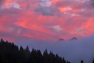 sunset in dolomites mountains, alps, northern italy