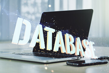 Poster - Double exposure of creative Database word hologram on laptop background, research and development concept