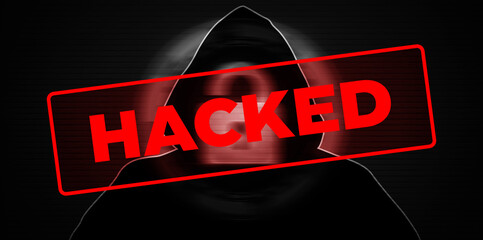 Poster - Hacking Concept background with Hacker sitting in hoody. Cyber security and latest technology threat concept background