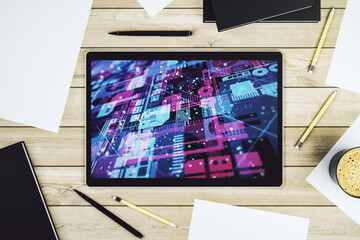 Aufkleber - Modern digital tablet monitor with abstract creative coding sketch, artificial intelligence and neural networks concept. Top view. 3D Rendering