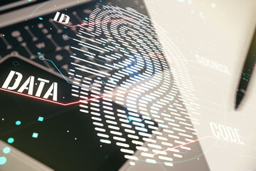 Poster - Multi exposure of creative fingerprint hologram on laptop background, personal biometric data concept