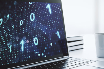 Poster - Modern computer monitor with creative abstract binary code hologram. Database and programming concept. 3D Rendering