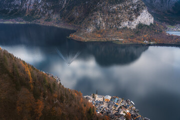 Wall Mural - Aerial view of Hallstatt Lake, Hallstatt village and Obertraun - Hallstatt, Austria