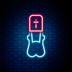 Poster - Glowing neon line Priest icon isolated on brick wall background. Colorful outline concept. Vector