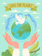 Save Planet Concept. Hands Carefully Hold Ground, White Bird Sits On It. Caring For Nature, Common Contribution, Global Problems. Cartoon Flat Vector Illustration Isolated On Blue Background