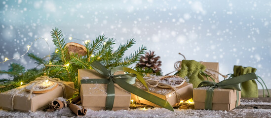 Wall Mural - christmas gift zero waste, eco friendly hand made box packaging gifts in kraft paper wooden table, e