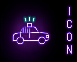 Sticker - Glowing neon line Police car and police flasher icon isolated on black background. Emergency flashing siren. Colorful outline concept. Vector