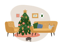 Festive Interior With Home Decorations - Christmas Tree, Cat, Armchair, Sofa And Carpet. Cozy Winter Holiday Season. Cute Flat Vector Illustration Isolated On White.