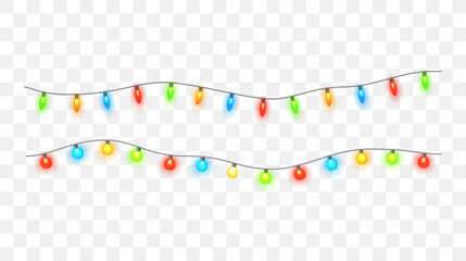 Poster - Christmas lights isolated. Colorful Xmas garland. Vector glowing light bulbs on wire strings. 