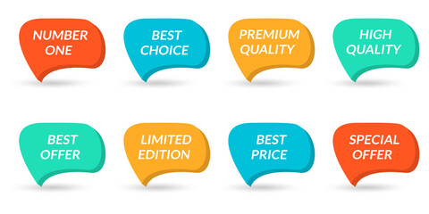 Sticker - speech bubble set. 3d promo sticker, badge or label collection. premium quality, best choice, specia