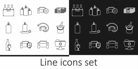 Poster - Set line FTP sync refresh, Bottle of wine in bucket, Car service, Burning candle candlestick, Bottles box, Electric car and icon. Vector