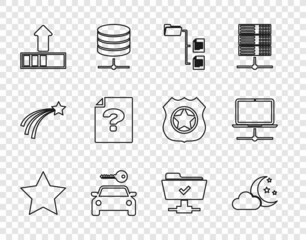 Sticker - Set line Star, Cloud with moon and stars, Folder tree, Car rental, Loading, Unknown document, FTP operation successful and Computer network icon. Vector