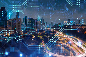information flow hologram, night panorama city view of kuala lumpur. kl is the largest technological