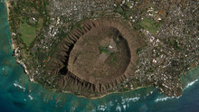 Diamond Head Volcanic Crater Looking Down Aerial View From Above, Bird’s Eye View Diamond Crater, Honolulu, Hawaii, US