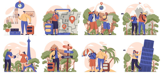 Aufkleber - Travelling people collection of scenes isolated. Travelers go on vacation, hiking, resort, sightseeing set in flat design. Vector illustration for blogging, website, mobile app, promotional materials.