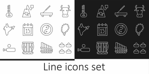 Sticker - Set line Indian spice, Rosary beads religion, Scented spa stick, Independence day, map, Sitar, Yin Yang and Tea bag icon. Vector