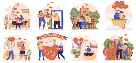 Aufkleber - Valentines day collection of scenes isolated. People go on romantic dates, love and relationships, set in flat design. Vector illustration for blogging, website, mobile app, promotional materials.