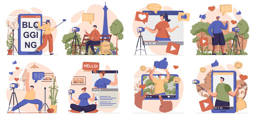 Aufkleber - Video blogging collection of scenes isolated. People record different video clips for online channel, set in flat design. Vector illustration for blogging, website, mobile app, promotional materials.
