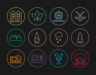 Wall Mural - Set line Montreal Biosphere, Canadian spruce, Ferris wheel, Wooden log, Kayak or canoe, House, Cloud with snow and maple leaf icon. Vector