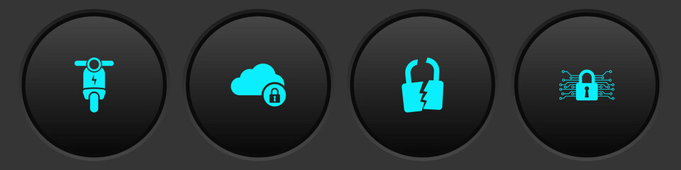 Poster - Set Electric scooter, Cloud computing lock, Broken or cracked and Cyber security icon. Vector