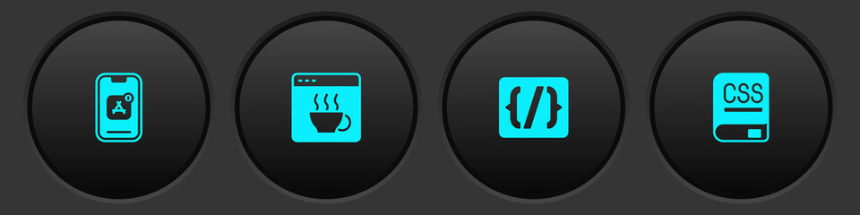 Set Mobile Apps, Software, Programming language syntax and Books about programming icon. Vector