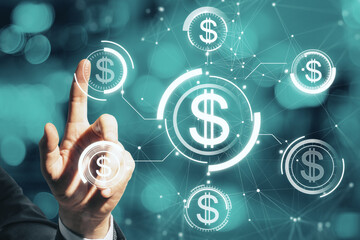 Poster - Close up of businessman hand pointing at glowing digital american dollar interface hologram on blurry bokeh background. Online banking, trade, business and investment concept.