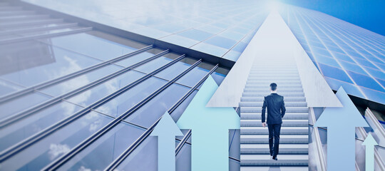 Back view of young european businesswoman walking on abstract city background with staircase, mock up place and arrows. Career growth and success concept. Double exposure.