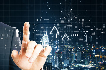 Poster - Close up of businessman hand pointing at abstract business interface with upward arrow on blurry night city background. Finance, technology and network concept. Double exposure.