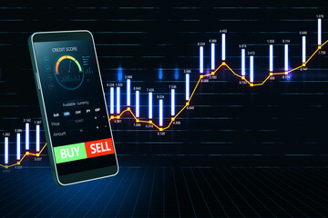 Poster - Close up of smartphone with forex chart and sell, buy buttons on dark background. Stock exchange, cryptocurrency and global fund information concept. 3D Rendering.