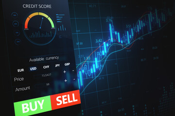 Poster - Close up of cellphone with forex chart and sell, buy buttons on dark background. Stock exchange, cryptocurrency, market and global fund information concept. 3D Rendering.