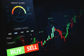 Poster - Close up of abstract cellphone with forex chart and sell, buy buttons on dark background. Stock exchange, cryptocurrency and global fund information concept. 3D Rendering.