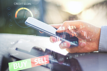 Poster - Close up of hands using smartphone with forex chart and sell, buy buttons on blurry background. Stock exchange, cryptocurrency and global fund information concept. Double exposure.