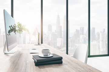 Aufkleber - Close up of creative wooden designer desktop with computer monitor, coffee cup, other items, window with city view and daylight. 3D Rendering.