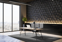 Modern Workplace Interior With Window And City View, Desktop, Concrete Hexagonal Walls And Decorative Items. 3D Rendering.