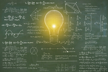 Wall Mural - Abstract lamp sketch with mathematical formulas on chalkboard/blackboard wall background. Intelligence, idea, solution, science and innovation concept.