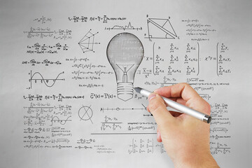Wall Mural - Hand drawing abstract lamp sketch with mathematical formulas on concrete wall background. Intelligence, idea, solution, science and innovation concept.