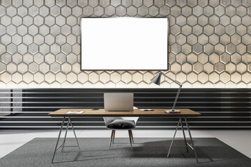 Poster - Bright workplace interior with empty white mock up poster, concrete hexagonal walls and decorative items. 3D Rendering.