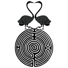Pair Of Two Kissing Swan Birds On Top Of A Round Spiral Maze Or Labyrinth Symbol. Creative Concept. Ancient Greek Mythology. Black And White Silhouette.