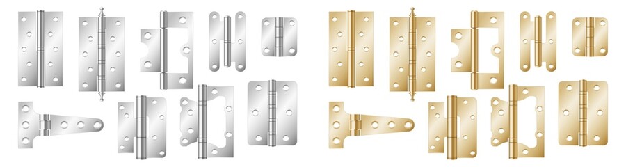 Door hinges realistic set. Classic industrial ironmongery golden and silver on white background