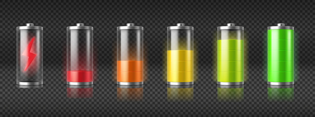 set of realistic battery charge indicators with low and high energy levels isolated