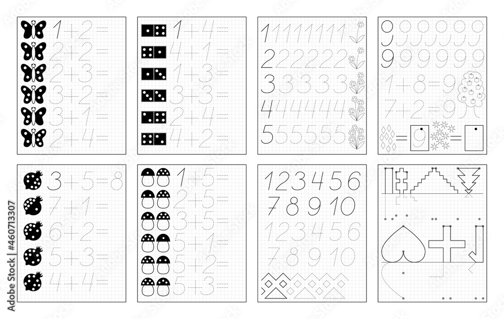 Set of black and white educational pages on square paper for kids ...